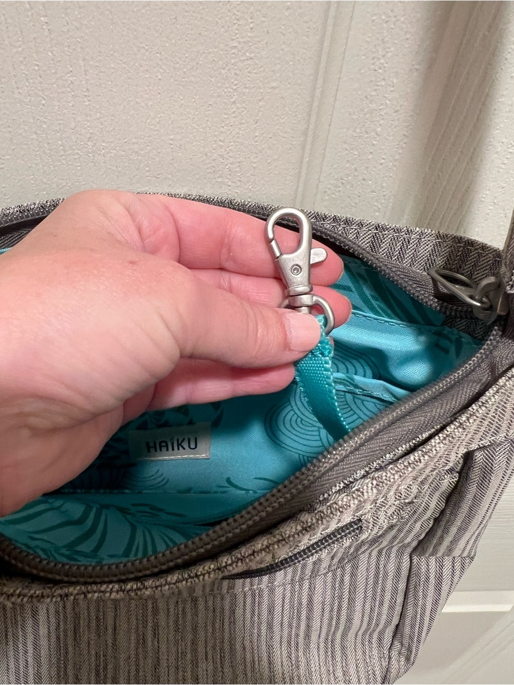 Haiku Jaunt Crossbody Purse in a Gray Striped Pattern. - Picture 6 of 10